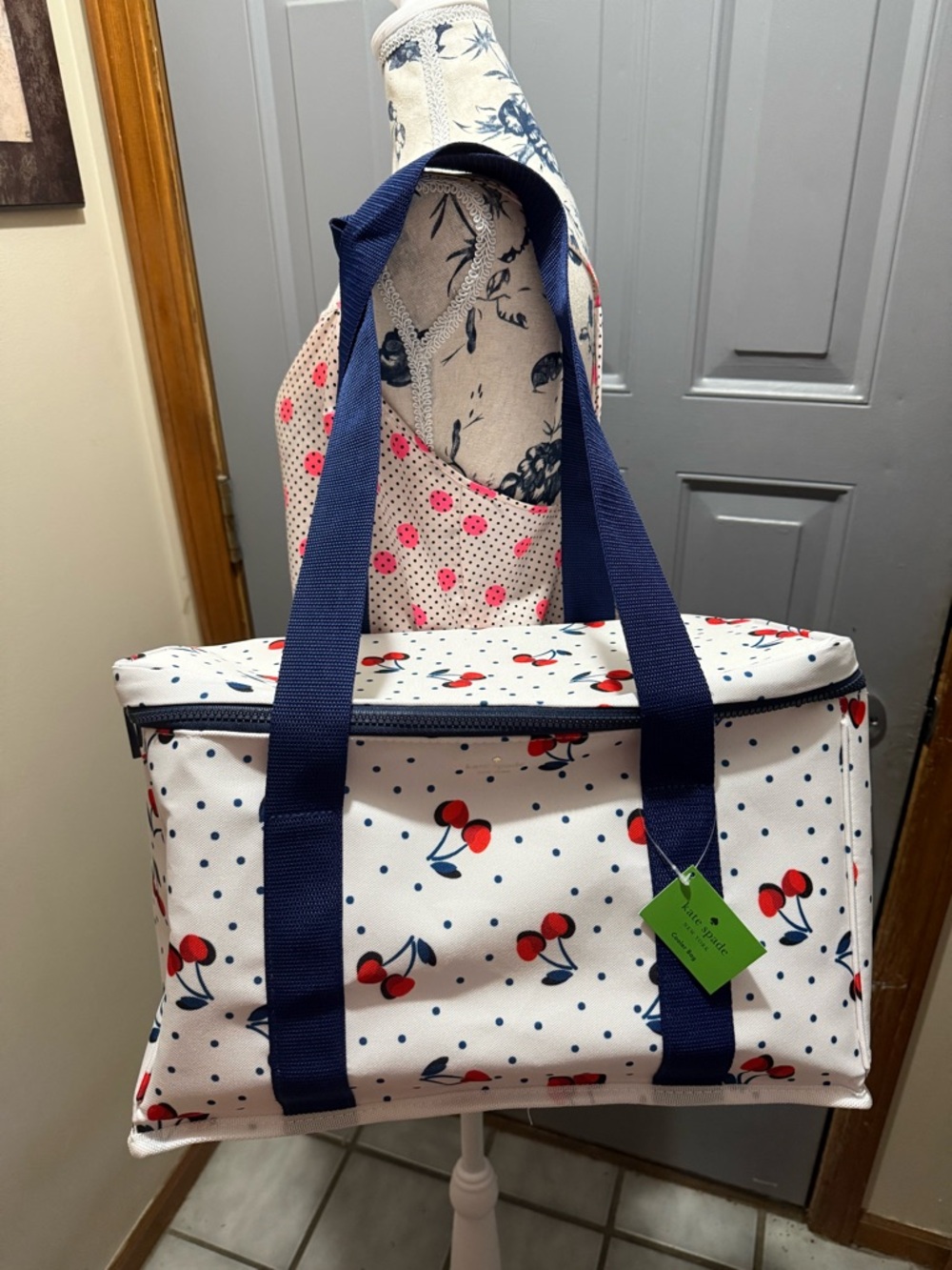 kate spade White Cherry-Print Travel Tote with Navy Straps